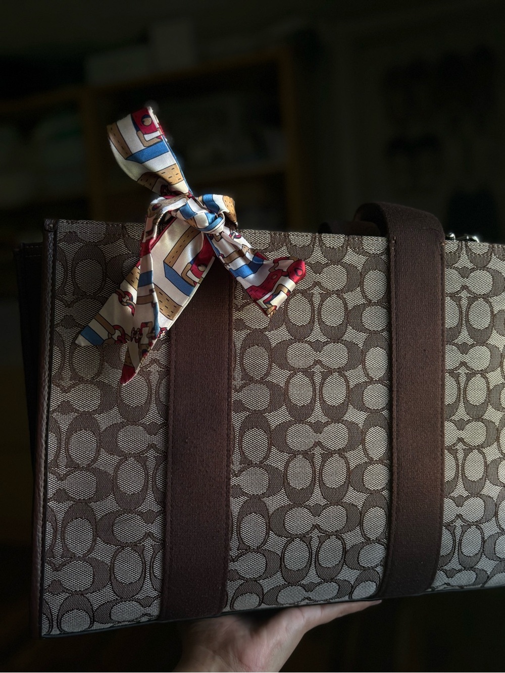 Coach Brown and Beige Signature Jacquard Tote with Leather Tag
